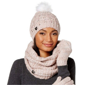 Betsey Johnson beaded Pom-Pom hat toque and infinity scarf